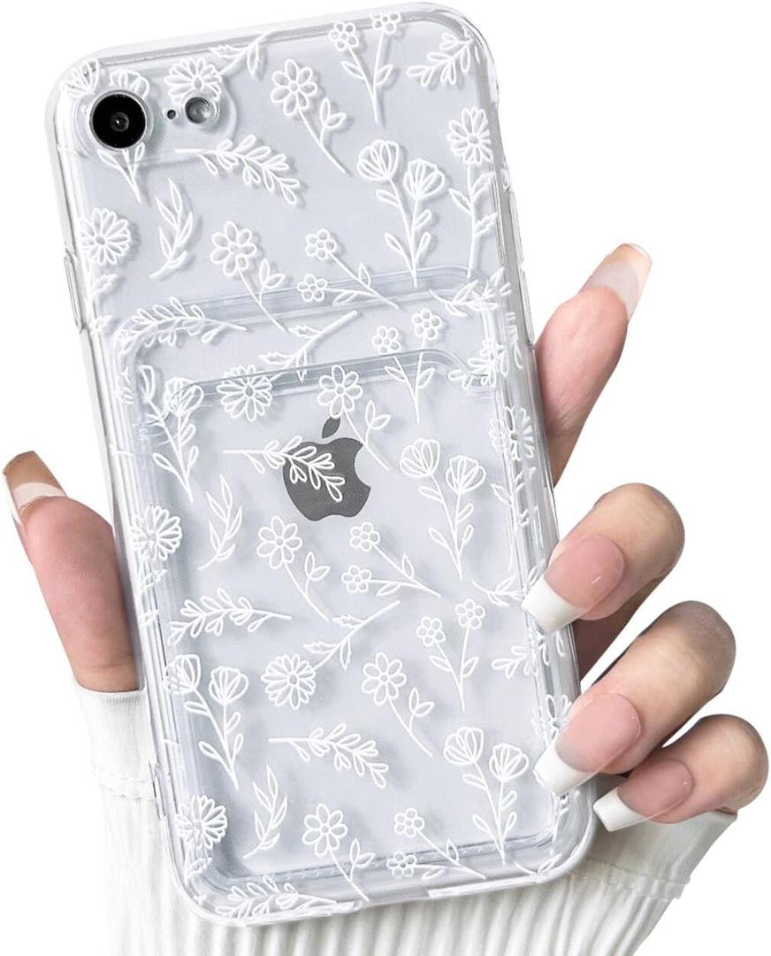 NITITOP Compatible with iPhone 7/8 / SE Case Clear with Card Holder Cute Flower Floral Leave Pattern for Women Girl Soft TPU Shock-Absorbing Wallet Case Protective Phone Cover - White
