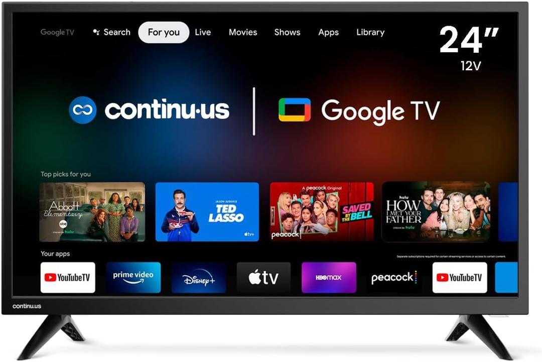 CONTINU.US 24-inch Smart TV, 12V and AC/DC Adapters Included, 720p Android Google RV TV with Google Assistant, Chromecast & Free Streaming Apps, Reinforced Chassis for RVs, Campers and more, CT-24TS10