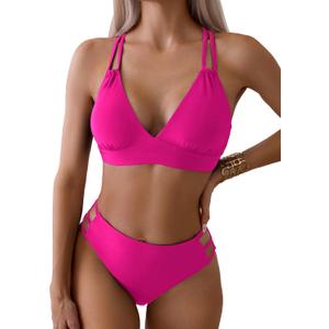 Fanuerg Women's Sexy V Neck Bikini Sets Hollow Out Two Piece Swimsuits Cutout Mid Waist Bathing Suit (Medium, Hot Pink)