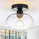 WILON Industrial Semi Flush Mount Ceiling Light, Hallway Light Fixture with Glass Shade, Small Black Kitchen Ceiling Light Fixture Farmhouse Light Fixtures for Entryway Bedroom Bathroom Foyer (7.87 Inch)