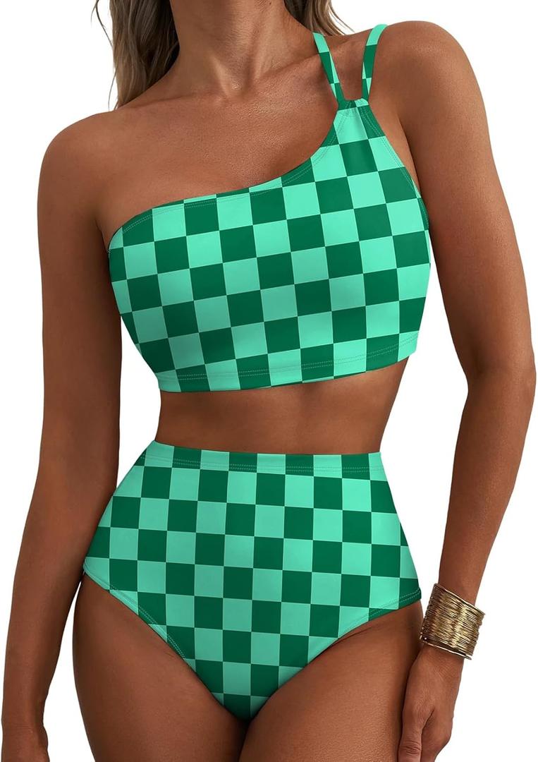 Herseas Women's High Waisted Bikini Sets One Shoulder Floral Print Swimsuits 2 piece Tummy Control Bathing Suits S