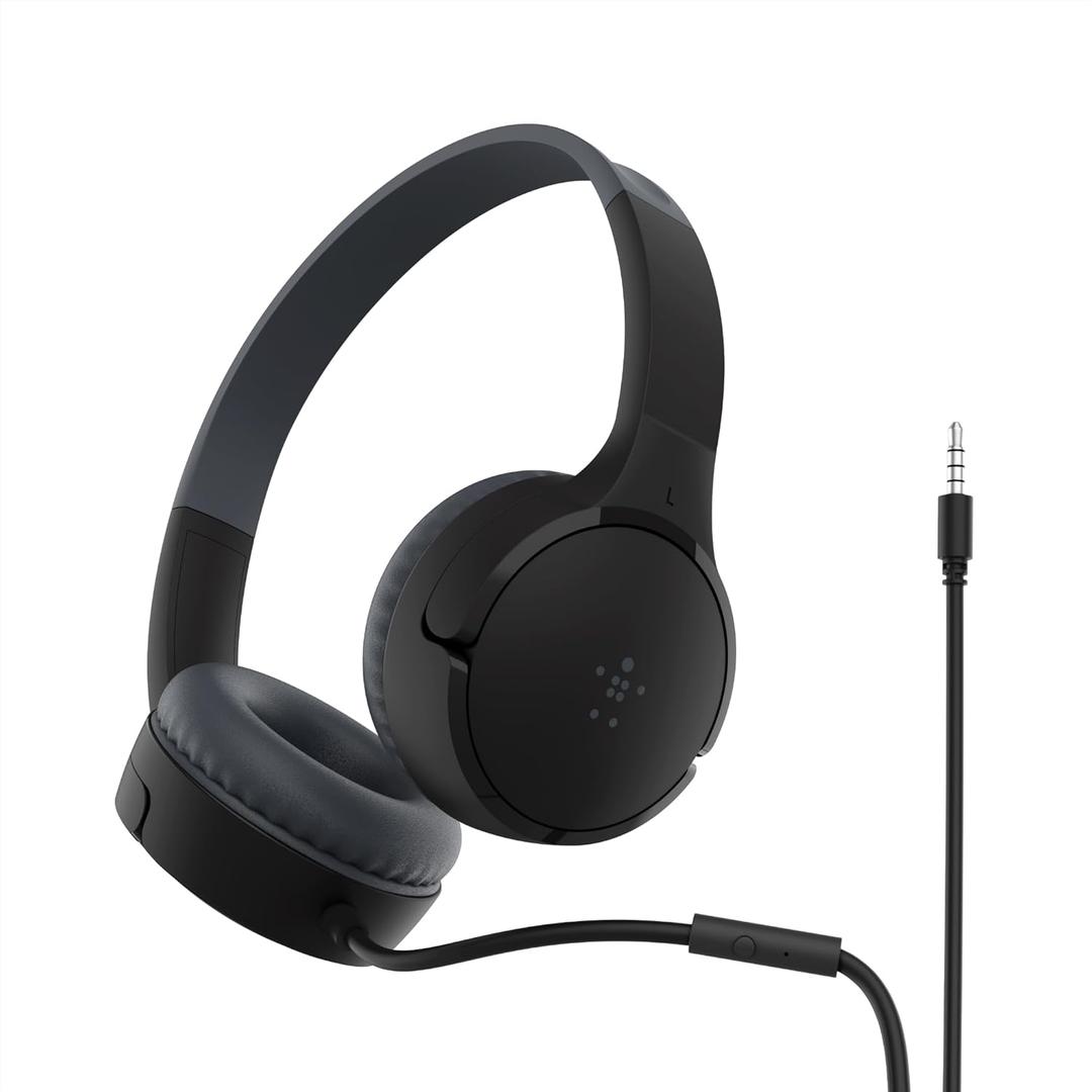 Belkin SoundForm Mini Kids Wired Headphones with Built-in Microphone & Fun Stickers, 85dB Safe Volume Limit  for Online Learning, Travel, Compatible w/iPhone 15, iPad, Galaxy S23, & More - Black
