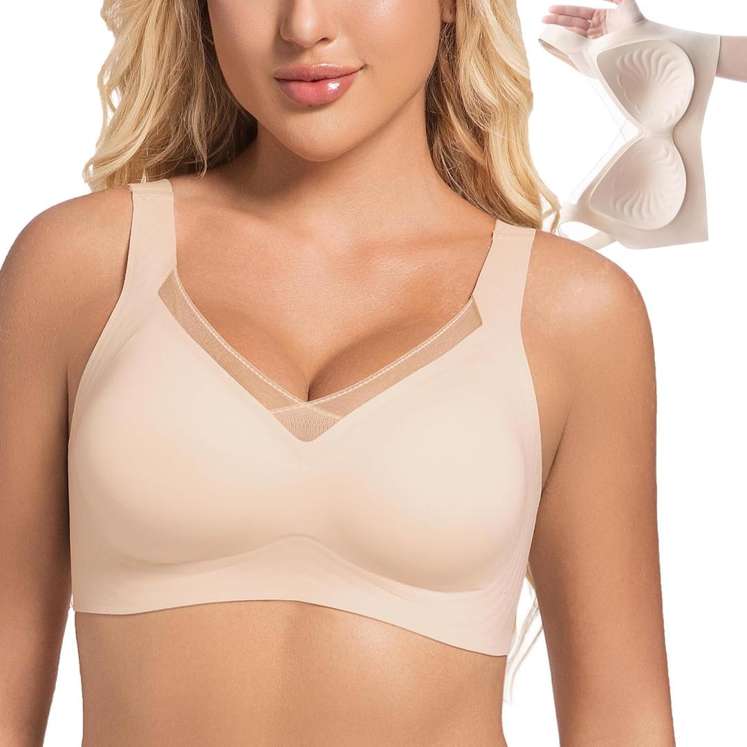 PRETTYWELL Wireless Bras for Women Molded Cup Comfort Push up Bra V Mesh Seamless Full Coverage No Underwire Bra A to D Cup (L)