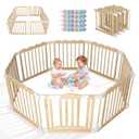 Foldable Wooden Baby Playpen, Pre-Assembled Pine Wood Play Pen, 60x60x24in
Adjustable Shape & Size Large Baby Fence Play Area, Ready to Use, No Assembly Required, Baby Play Yard with Locking Gate
