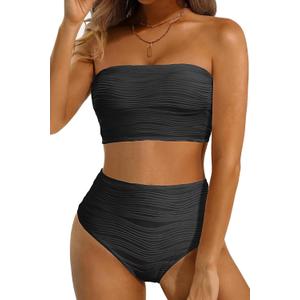 High Waisted Bandeau Bikini Set - Women Strapless Two Piece Swimsuits Ribbed Longline Full Coverage Bathing Suits Swimwear (X-Small, Black)
