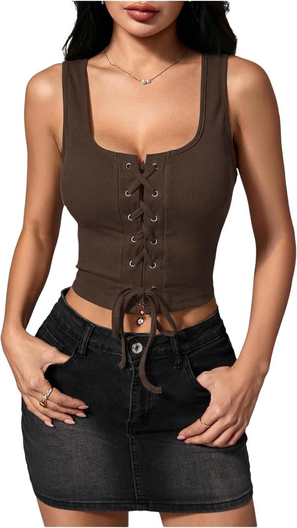 SOLY HUX Women's Lace Up Crop Tank Tops Sleeveless Scoop Neck Ribbed Slim Fit Going Out Shirts XL