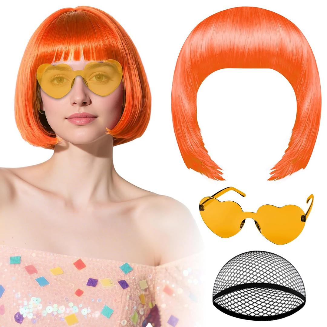 PLULON Orange Bob Wig with Heart Sunglasses and Hair Cap, Colorful Short Bob Wigs Synthetic Party Wigs Funny Cosplay Hairpieces for Women Men Neon Bachelorette Halloween Costume Party Decorations
