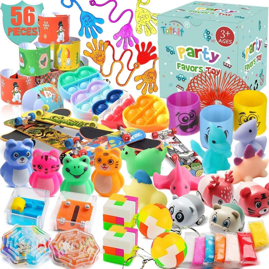 56 Pcs Party Favors Toys for Kids 4-8 8-12 3-5, Treasure Chest Box Toys Classroom Carnival Prizes Small Bulk Pop Fidget Toys Pack Pinata Stuffers Birthday Gifts Goodie Goody Candy Bags Fillers