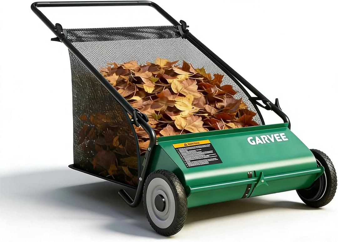 Garvee Push Lawn Sweeper,26-Inch Width Enhanced 4-Brush System with Large 7 cu. ft. Hopper Bag, Ideal for Yard and Garden Cleanup, Green