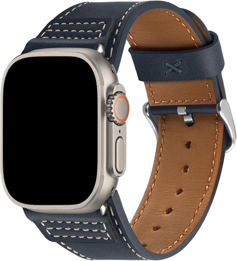 Wristitani Leather Bands Compatible with Apple Watch Strap for Men, Top Genuine Leather Replacement Straps for iWatch Ultra3/2/1 SE3/2/1 Dark Blue/Silver Buckle, 49/46/45/44/42mm(Series 3)