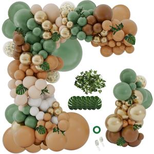 142PCS Sage Green Brown Balloon Garland Kit Jungle Safari Wild Woodland Balloon Arch Olive Green Gold Coffee Cocoa Balloons for Wedding Birthday Shower Party Decorations