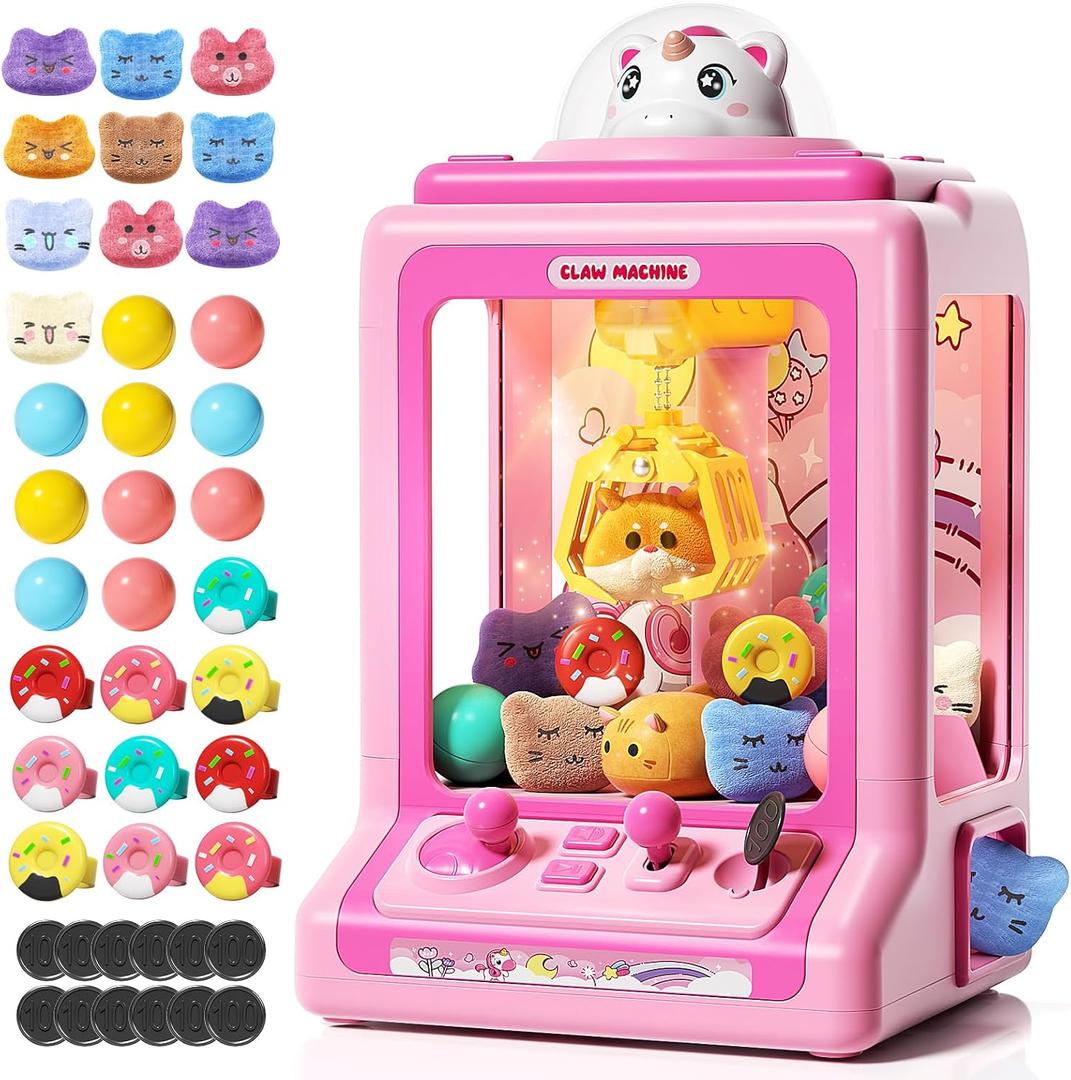 Claw Machine for Kids, Mini Vending Machine with Game Coins & Music, Prize Dispenser Toys for Girls and Boys, Electronic Claw Game Machine for Party Birthdays, Includes 30 Mini Toys