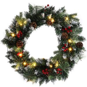 23 Inch Christmas Wreath Green Artificial Christmas Wreath with Clear LED Lights Decorated with Pine Cones, Berry Clusters and Frosted Twigs for Outdoor, Indoor Walls, Table Tops, Home Decor