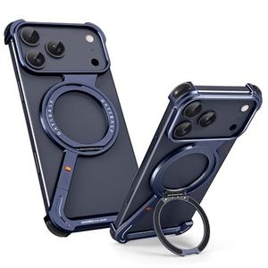 OATSBASF Minimalist Phone Case for iPhone 17 Pro Case, 360° Rotation Kickstand Aluminum Metal Frameless Design Bumper Z Case, Protective Shock Grade Shell, Blue