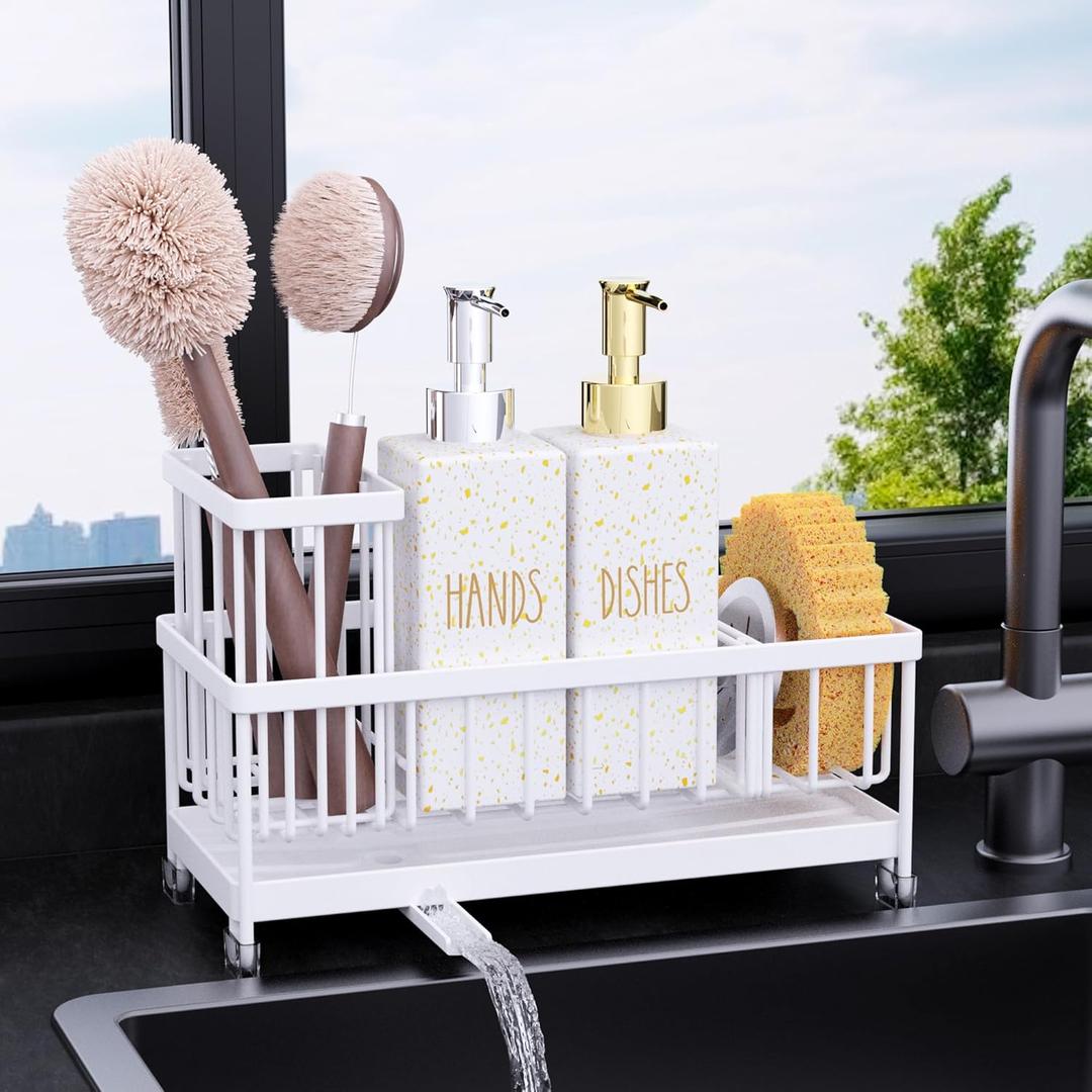 Cisily Dish Soap Dispenser, 12 fl oz Kitchen Soap Dispensers with Sponge Holder, Stainless Steel Pump Glass Kitchen Soap Dispenser Set, Hand and Dish Soap Bottle Set, Kitchen Decor Accessories