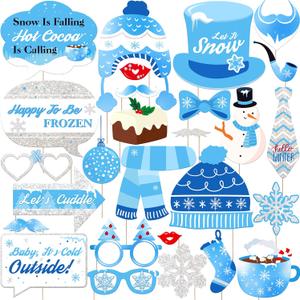 KatchOn Glitter Winter Photo Booth Props - Pack of 27 | Blue Christmas Decorations | Holiday Snowflake Props for Photos