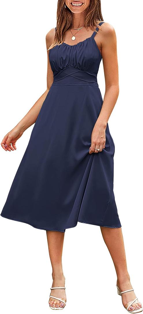 MEROKEETY Womens 2023 Summer Sleeveless Spaghetti Strap Sweetheart Neck Backless Ruched Tie Back Dress, S