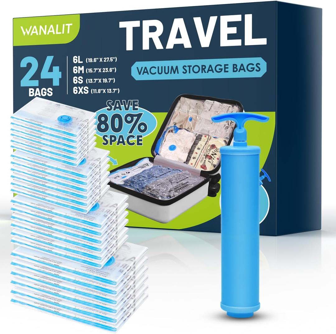 Travel Vacuum Storage Bags with Hand Pump, 24 Pack (6L+6M+6S+6XS) Vacuum Seal Bag Travel Essentials Space Saving Bags for Clothes, Luggage, Carry-on Suitcase, Backpack, Holiday Business Trip (24 Pack Hand Pump)
