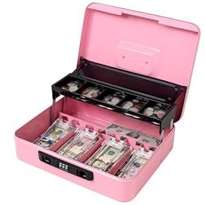 Jssmst Locking Cash Box with Coin Lid, 11.8L x 9.5W x 3.5H Inches, Latch Safe Money Box with Combination Lock, Pink