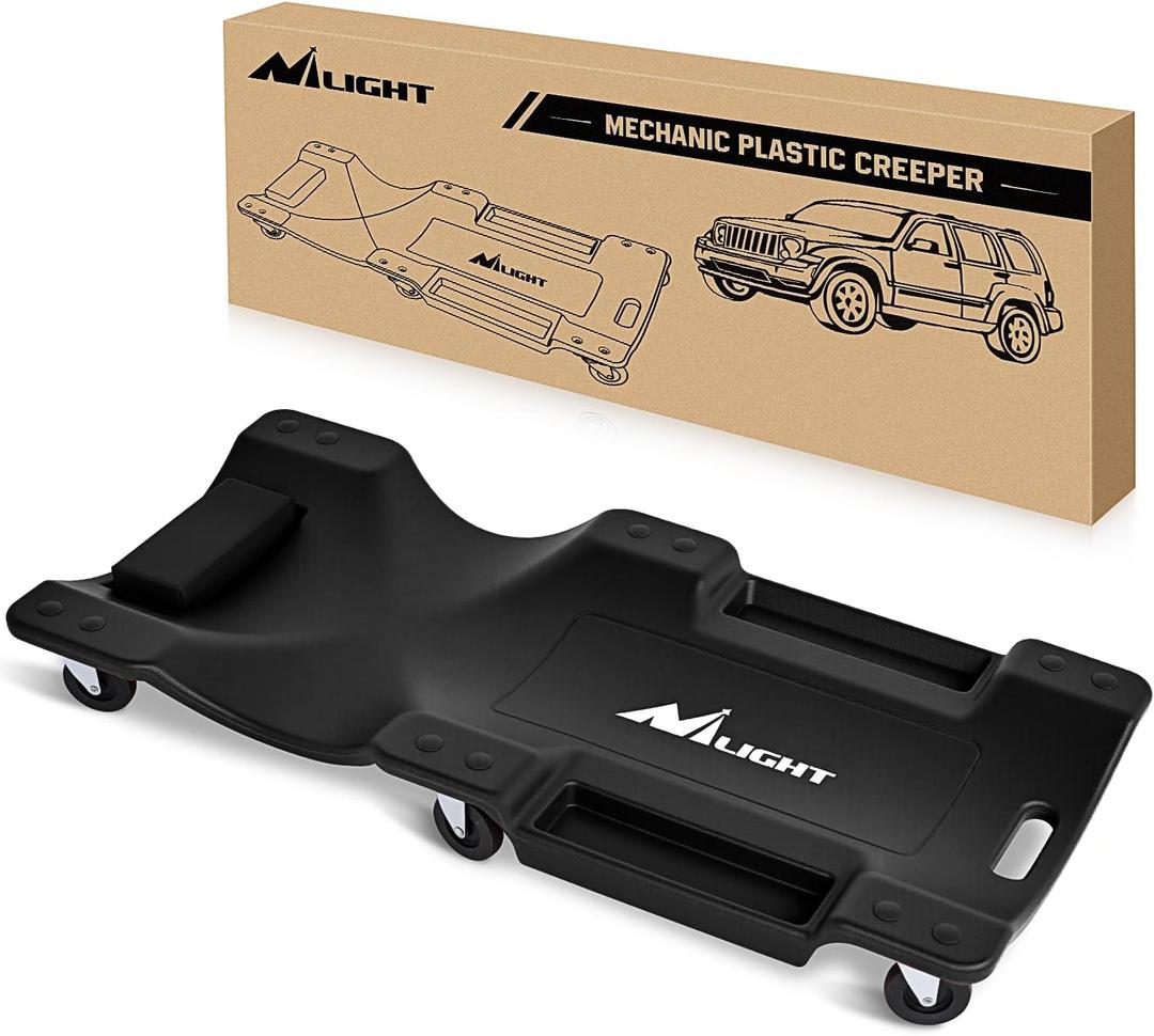 Nilight 40" Mechanic Plastic Creeper -40 Inches Blow-Molded Rolling Garage Cart with Padded Headrest, Dual Tool Trays and 6 Casters, Black