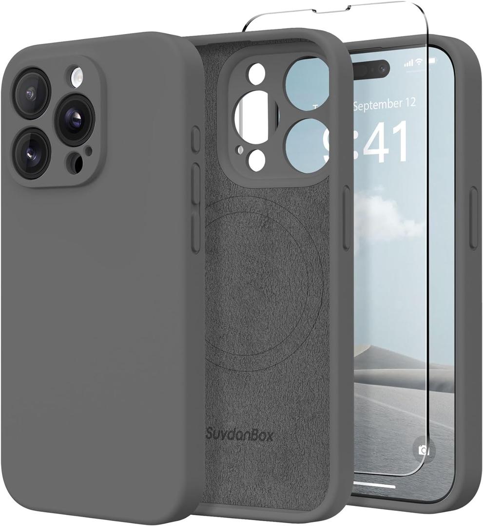 Magnetic for iPhone 15 Pro Case, Compatible with MagSafe, [Full Camera Protection][Screen Protector] Silicone Shockproof Protective Phone Case for iPhone 15 Pro 6.1", Dark Gray