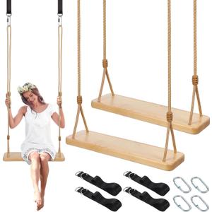 Hollowfly 2 Pcs Wood Swing Seat Carbonized Hanging Wood Tree Swing with Adjustable Rope Anticorrosive Waterproof 440lbs Load for Indoor Outdoor Garden Yard Backyard 24 x 6.3 x 1.42 Inch(Vivid Style)