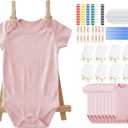 48 Pcs Pink Baby Shower Bodysuit Games Design with Wooden Easel Wooden Clothes Clamp Cotton Blank Bodysuit DIY for Baby Shower Games, Gender Reveal Decorations