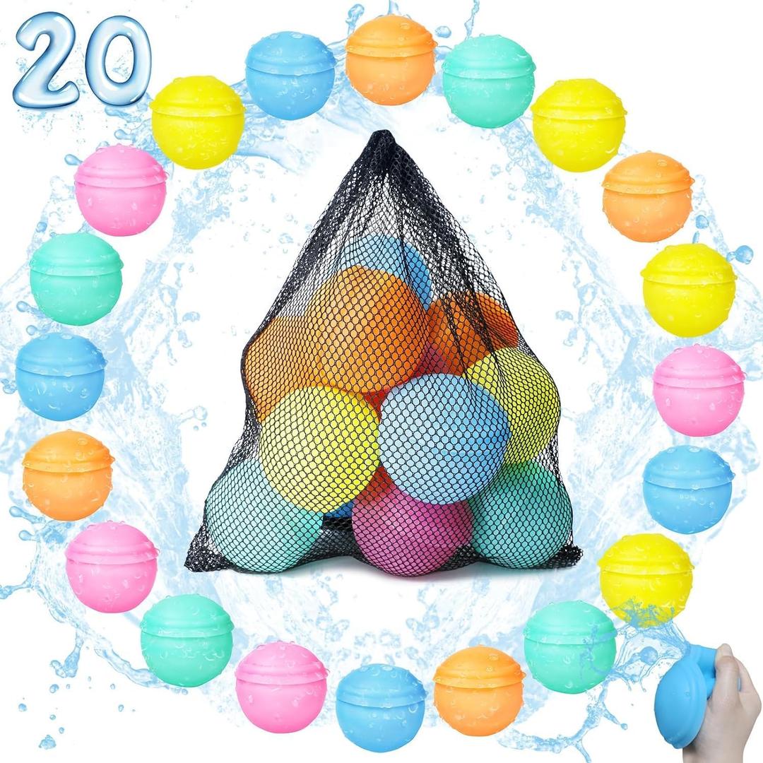 20 PackReusable Water Balloons for Kids  Deluxe Pack, Reuse over 2000+ Times, Fast Refillable Water Bombs Splash Balls with Mesh Bag, Summer Pool Beach Water Toys, Enjoy Your Water Balloon Battles