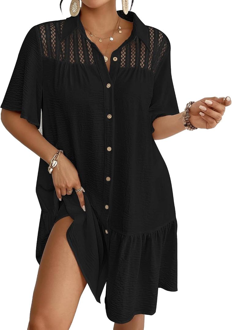 Bsubseach Swim Cover Up for Women Lace Splicing Bathing Suit Cover Up Bell Sleeve Beach Dress