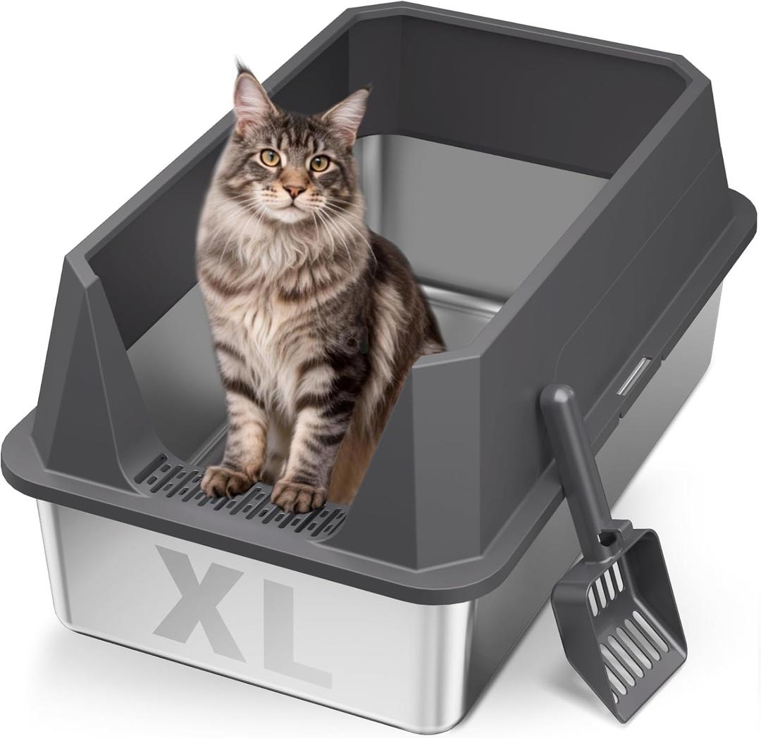 XL Open Top Stainless Steel Litter Box with High Sides,Dark Gray