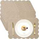 LemonRoad 8 Pcs Boho Linen Placemats Set 13" x 19" Elegant Scalloped Double Layered Placemats Farmhouse Washable Rustic Dining Table Decorations for Kitchen Wedding Banquet (Brown,Beige)