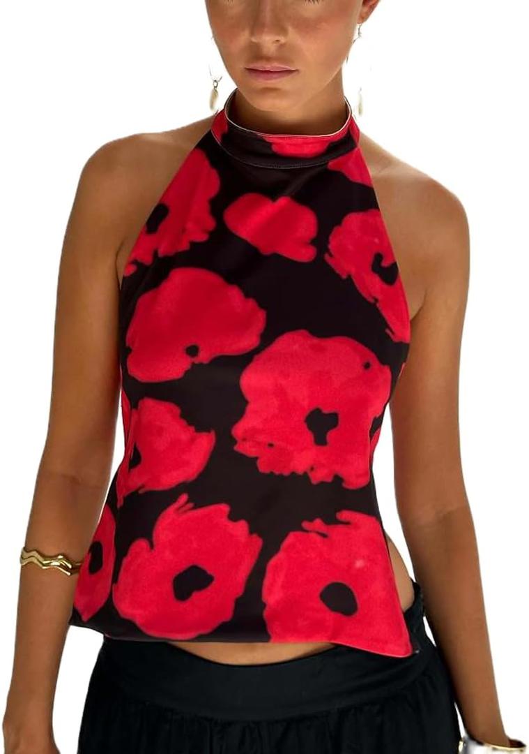 Open Back High Neck Tank Tops for Women Halter Mockneck Sleeveless Backless Floral Crop Top Y2k Summer Going Out Tops (Small, Cute Red)