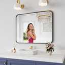 Koonmi Bathroom Mirror, 28X36 Brushed Black Rectangle Wall Mirror, HD Tempered Glass, Anti-Rust Frame Vanity Mirror, Rounded Rectangle Mirror for Restroom, Bedroom, Hangs Horizontal or Vertical