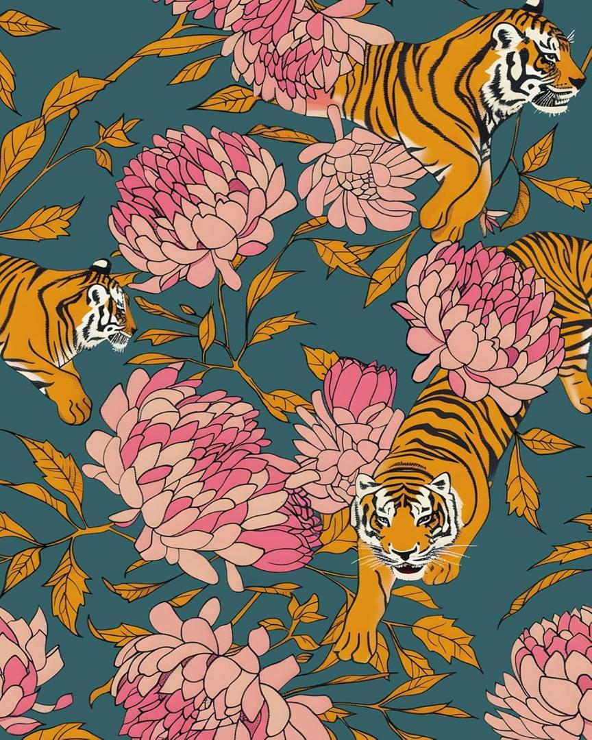 Fvlow Tiger Wallpaper Peelable with Vintage Pink Flower Peel and Stick 17.4" x 118" Jungle Floral Contact Paper Tropical Self Adhesive Retro Covering for Bedroom Cabinet Bathroom Mural Wall Decor