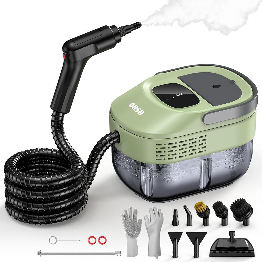 ODSD Steam Cleaner for Home & Car, 3-Level Adjustable Steamer for Cleaning, 15s Heat-Up & 1.6L Large Tank, Handheld Steam Cleaner for Car Detailing, Home, Tile, Grout, Furniture with 15pcs Accessories (Green)
