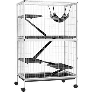 PawHut Metal Small Animal Cage, 5-Tiers Rolling Big Ferret Cage with Hammock, Removable Tray, for Chinchilla, Sugar Glider, White