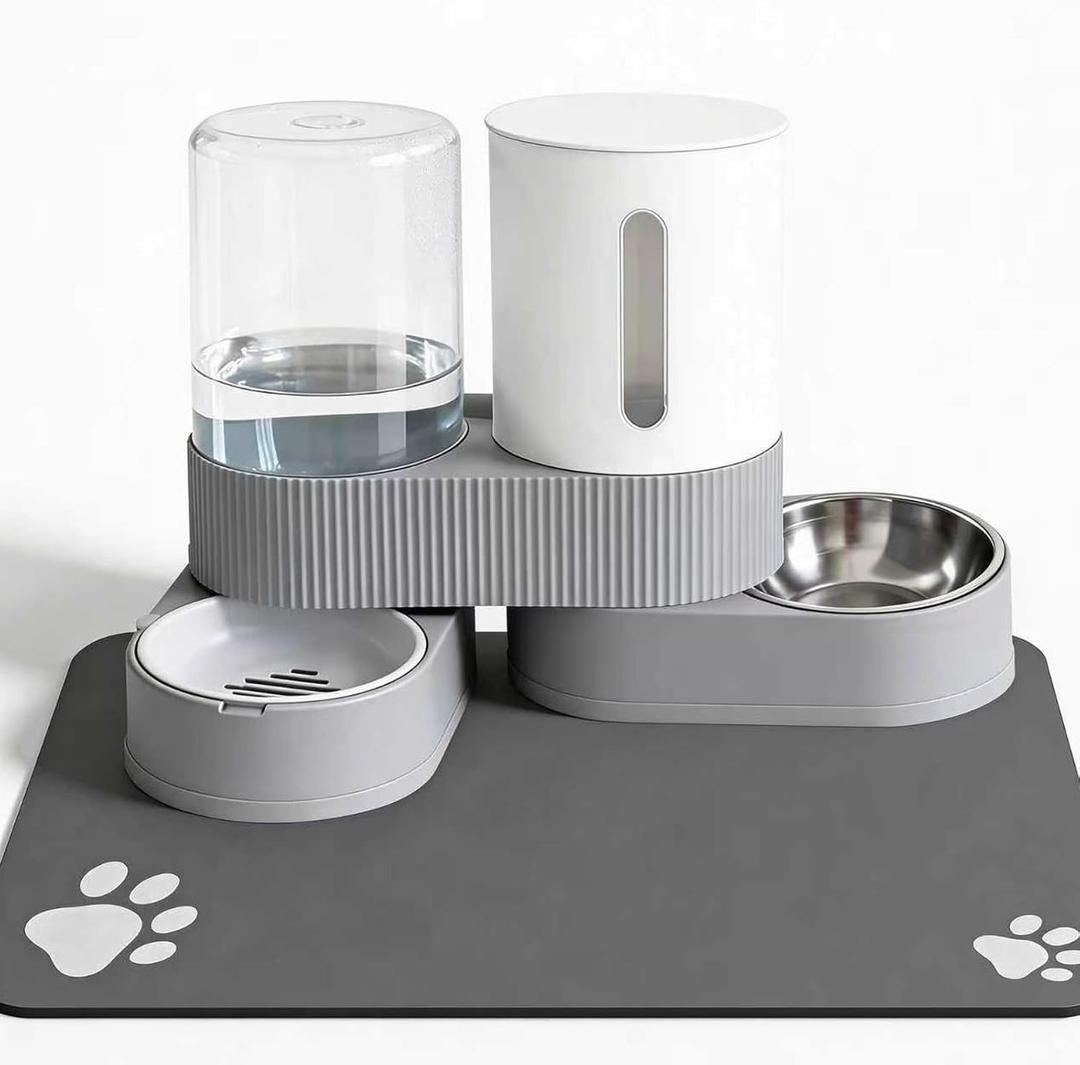 Gravity Cat Feeder 2 Pack Automatic Food Feeder and Water Dispenser Set Detachable Pet Bowl with Silicone Mat for Cats Small Medium Dogs, Large Capacity(Grey)