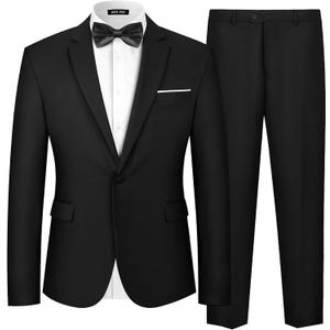 MAGE MALE Men's 2 Piece Suit One Button Slim Fit Formal Wedding Prom Tuxedo Suits Blazer Pants with Bow Tie Set (Black-notch Lapel-3)