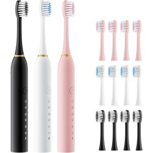 Dnil 3 Pack Sonic Electric Toothbrush Set, 42000 VPM High-Frequency Vibrations, 6 Brushing Modes with Smart Timer, 12 Replacement Heads Included for Deep Cleaning and Gum CareBlack+White+Pink