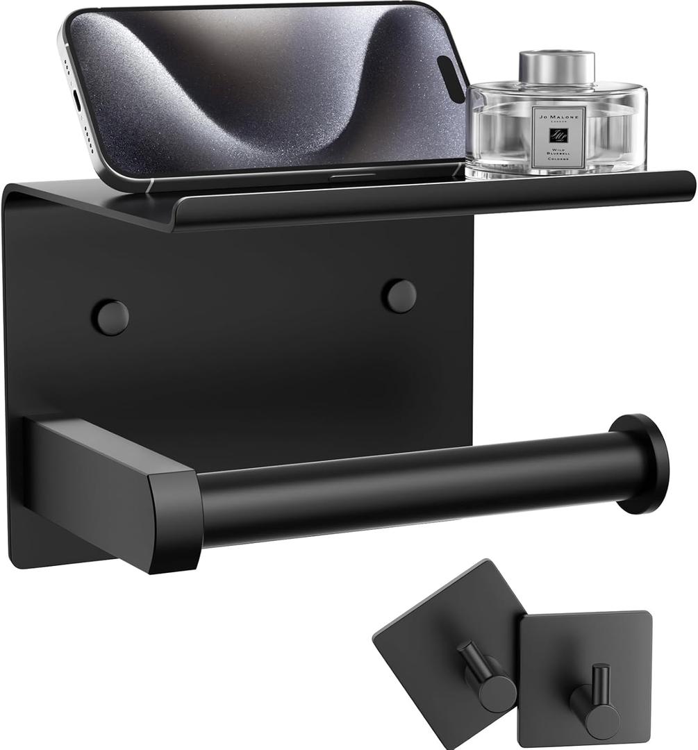 Tindbea Toilet Paper Holder with Phone Shelf + Towel Robe Hooks, Adhesive or Screw Wall Mounted Toilet Paper Roll Storage, Stainless Steel Bathroom Tissue Roll Holder (Matte Black) (Regular)