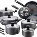 T-fal Initiatives Nonstick Cookware Set 18 Piece, Oven Broiler Safe 350F, Kitchen Cooking Set w/Fry Pans, Saucepans, Stockpots, Skillet, Spoons, Lids Pots and Pans Set Non Stick Dishwasher Safe Black
