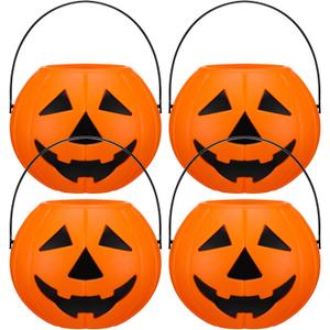 4 Pcs Plastic Pumpkin Buckets Trick or Treat Halloween Candy Baskets with Handle 6.7 x 5.1 Inches Plastic Pumpkin Large Candy Basket for Halloween Trick or Treat Party Supplies (Funny)