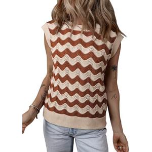 SHEWIN Sweater Vest for Women Crewneck Striped Crochet Sleeveless Sweaters Tank Tops M