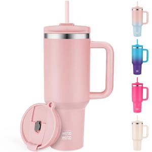 WETOWETO 40oz Tumbler with Handle and Lid | 100% Leakproof Insulated Stainless Steel Travel Mug | Keeps Cold 34Hrs/Hot 10Hrs | Dishwasher Safe, Fits Car Cup Holder (Rose Quartz Color)
