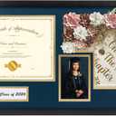 14x26 Black Shadow Box Diploma Frame with Graduation Cap & Tassel Holder for 8.5x11 Diploma and 4x6 Photo with MDF Wood and Plexiglass, Navy Over Gold Mat for Wall, Graduation Keepsakes
