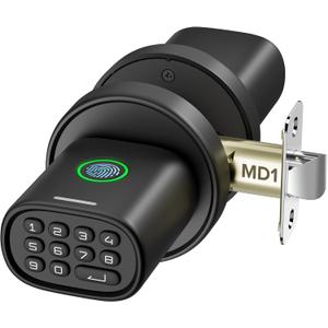 Fingerprint Door Knob, Keyless Door Knob with Keypad Biometric Electronic Thumbprint, Auto-Lock for Interior Doors for Bedroom, Home, Office, Garage, 4xAA Alkaline (NOT Included), MD1 Black