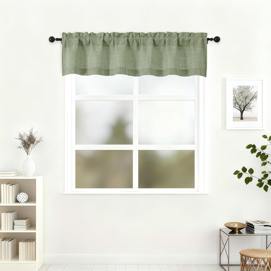 Lecloud Green Valance for Window 12 Inch Length, Light Filtering Faux Linen Textured Soft Kitchen Curtains, Rod Pockets Short Airy Drapes for Bathroom Basement Farmhouse, 60" W x 12" L 1 Panel