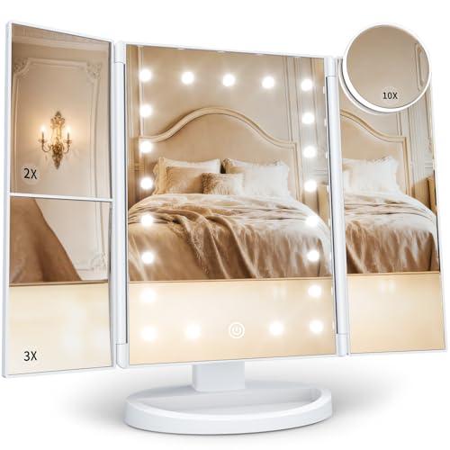 HUONUL Makeup Mirror, Vanity Mirror with Lights, 2X/3X/10X Magnification, Touch Control, Trifold, Dual Power Supply, Valentines Day Gifts for Her, Gifts for Women, Wife, Mom, Girls, Dorm Room Essentials