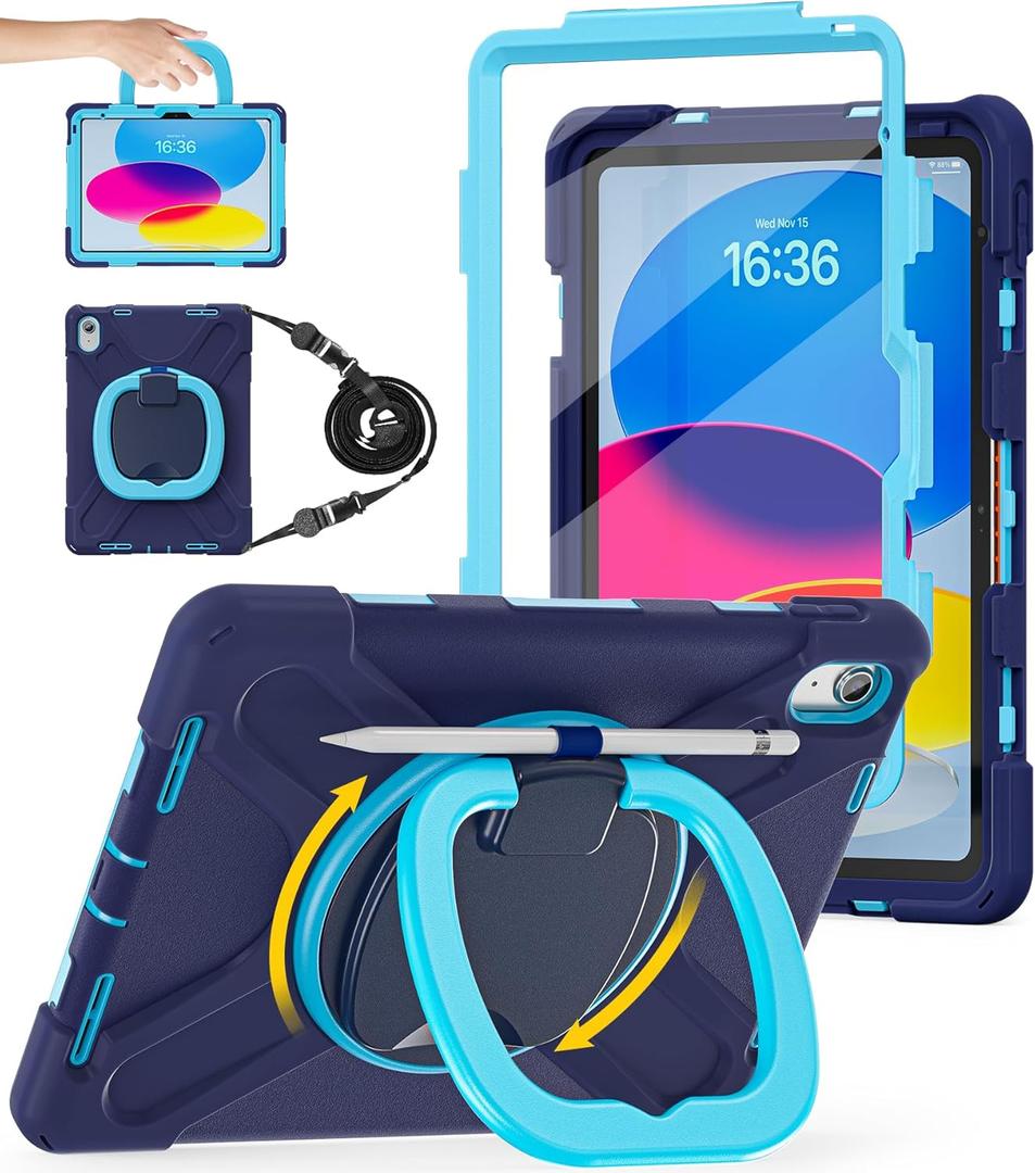 BATYUE Case for iPad (A16) 11th/10th Gen 11''/10.9'' 2025/2022 - Heavy Duty Shockproof Cover with 360 Rotating & 180 Folding Stand, Screen Protector, Shoulder Strap & Pencil Holder | NavyBlue
