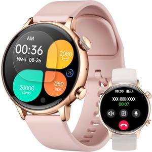 AMOLED Smart Watch for Women Smartwatch Compatible Android and iOS Phone, Answer/Make Calls Fitness Tracker/Running Watch, Sleep Heart Rate Monitor 100 Sports IP68 Waterproof Two Color Straps